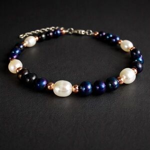 Classic Peacock & White Freshwater Pearl Artisan Mixed Metal Bracelet